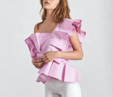 Striped pink ruffled asymmetric top