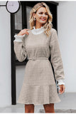 Turtleneck plaid flare mini dress in beige