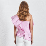Striped pink ruffled asymmetric top