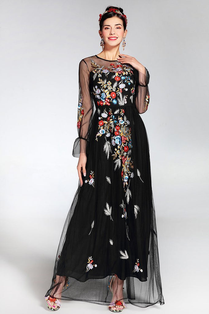 Embroidered black maxi dress with mesh sleeves