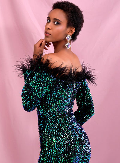 MALACHITE off-shoulder sequinned gown