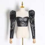 Puff-sleeve faux leather sweetheart top in colors