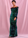 MALACHITE off-shoulder sequinned gown