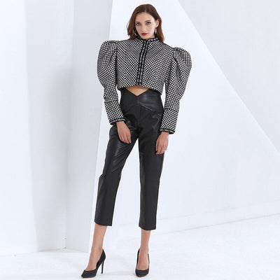 Puff-sleeve houndstooth short jacket