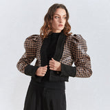 Houndstooth puff-sleeve jacket in brown