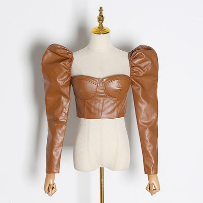 Puff-sleeve faux leather sweetheart top in colors