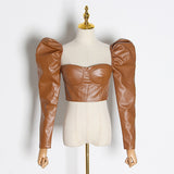 Puff-sleeve faux leather sweetheart top in colors