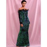 MALACHITE off-shoulder sequinned gown