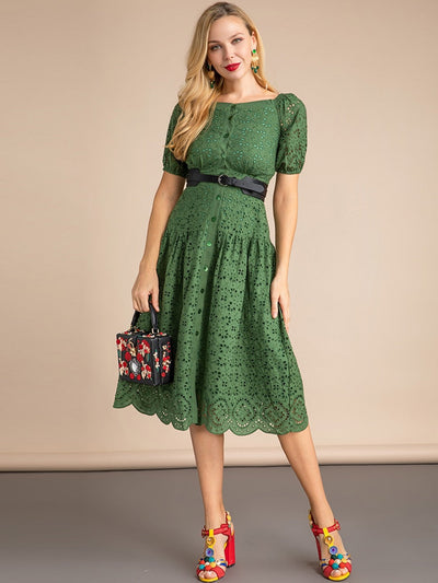 CALISTA Eyelet Lace Puffed Sleeve Midi Dress
