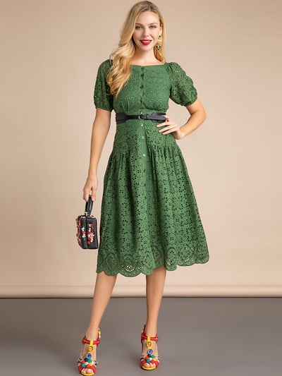 CALISTA Eyelet Lace Puffed Sleeve Midi Dress