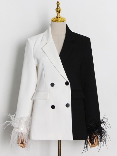 Colorblock B&W Blazer with Feathers