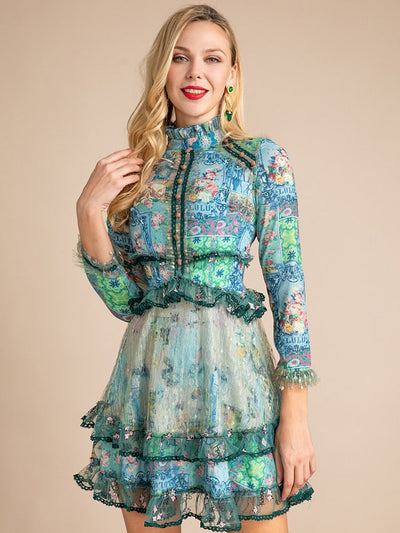 POSTCARD georgette Print Lace Mini Dress