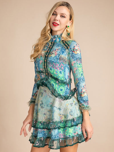 POSTCARD georgette Print Lace Mini Dress