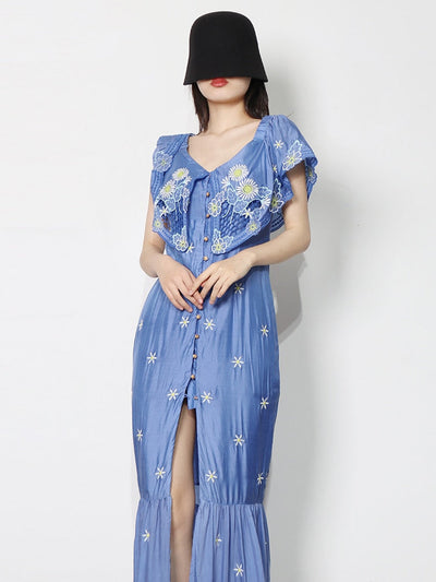 SELFISH Embroidered Button-front Maxi Dress