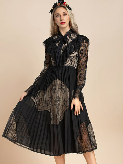 Vintage Black Lace Pleated Midi Dress