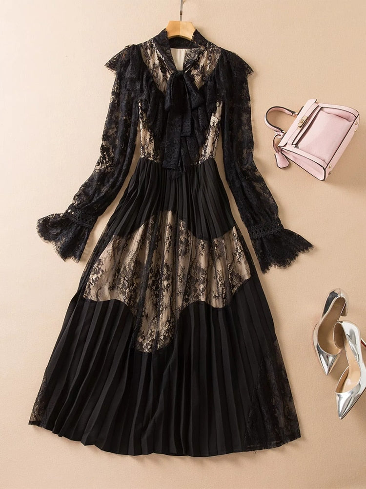 Vintage Black Lace Pleated Midi Dress