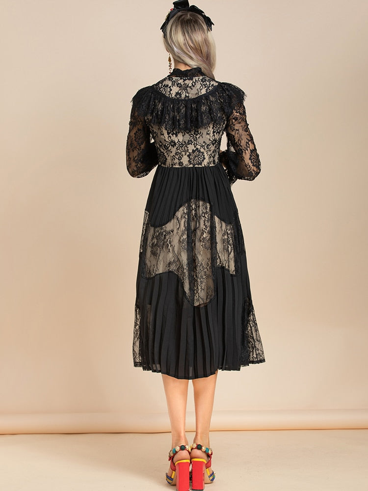 Vintage Black Lace Pleated Midi Dress