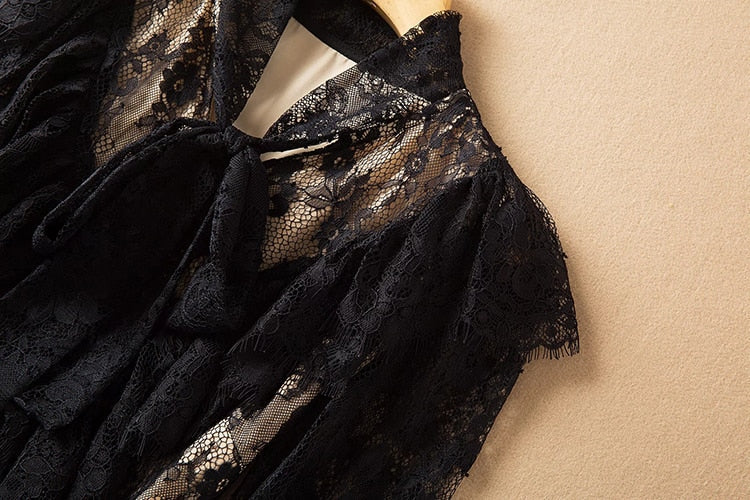 Vintage Black Lace Pleated Midi Dress