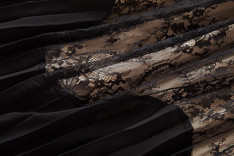 Vintage Black Lace Pleated Midi Dress