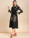 Vintage Black Lace Pleated Midi Dress