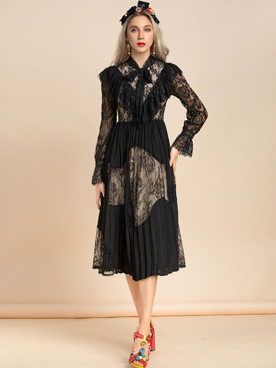 Vintage Black Lace Pleated Midi Dress