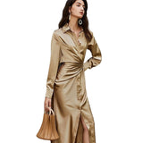 REEMA Faux Wrap Luxe Midi Dress in khaki