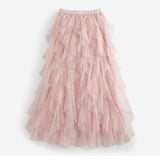 Asymmetric mesh maxi skirt in pink