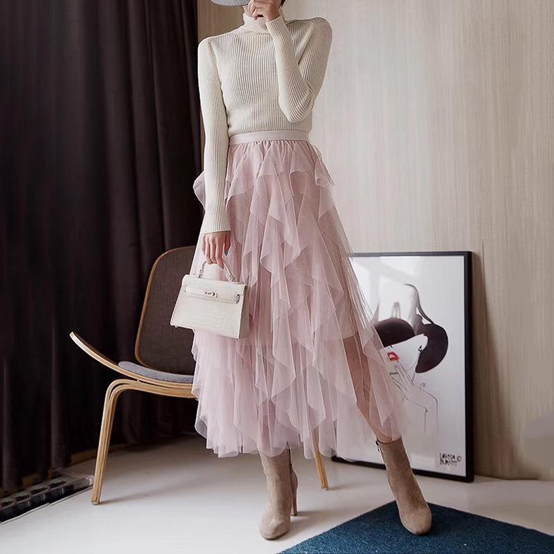 Asymmetric mesh maxi skirt in pink