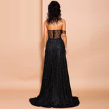 BLACK ORCHID off-shoulder slit gown