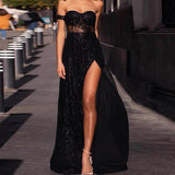 BLACK ORCHID off-shoulder slit gown