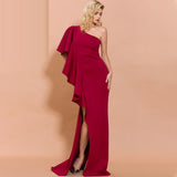 BURGUNDY ruffled asymmetric gown