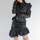 Chelsea puff sleeved ruffled mini dress in black-mini dress-Primetime Looks