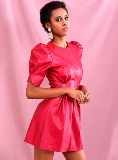CLAIRE Puff-Sleeve Faux Leather Skater Dress