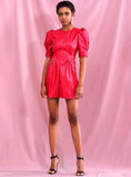 CLAIRE Puff-Sleeve Faux Leather Skater Dress