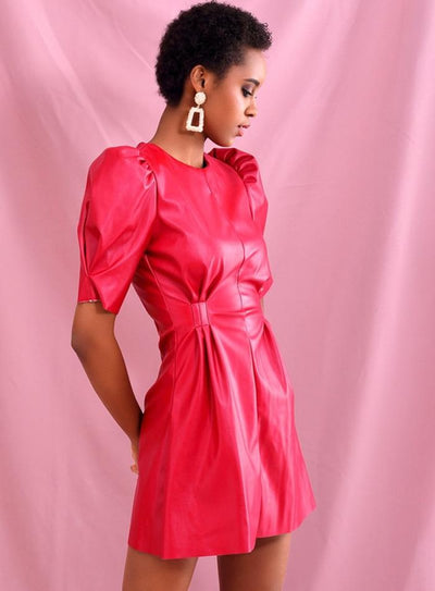 CLAIRE Puff-Sleeve Faux Leather Skater Dress