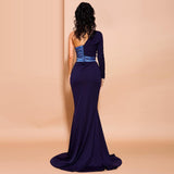 CORINNA one-sleeve mermaid navy blue gown