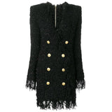 Cotton-blend tasseled blazer dress in black-mini dress-Primetime Looks