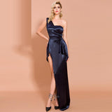 DEJA VU one-shoulder slit gown