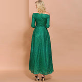 ESMERALDA off-shoulder shimmery slit gown