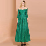 ESMERALDA off-shoulder shimmery slit gown