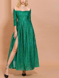 ESMERALDA off-shoulder shimmery slit gown