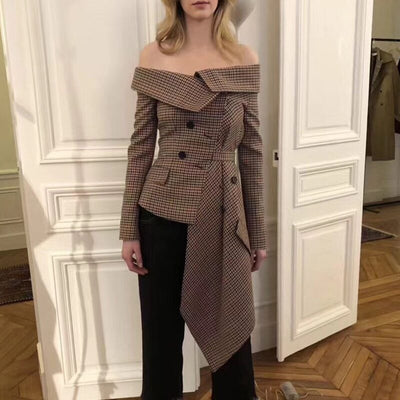 Double-Breasted off-shoulder plaid jacket