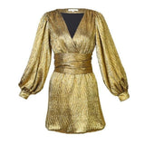 Golden Lady V-Neck lantern sleeve mini dress