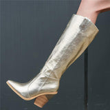 Golden metallic serpent knee-high boots