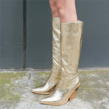 Golden metallic serpent knee-high boots