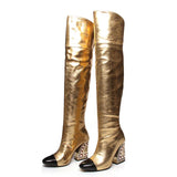 Knee-High golden boots with embellished heel