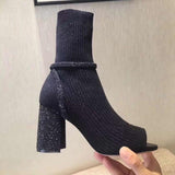 Knit peep-toe sock boots in beige