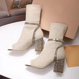 Knit peep-toe sock boots in beige