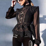 Lace ruffled blouse in black