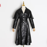 Lapel collar faux leather trench in colors